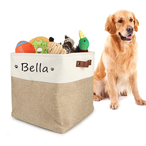 Hundespielzeug Aufbewahrungskorb mit Personalisierte Namen, Hunde Spielzeugkorb mit Ledergriffen, Große Spielzeugkiste für Die Organisation Von Lebensmitteln Kleidung und Hundezubehör(Weiß-Beige) von Cuperay