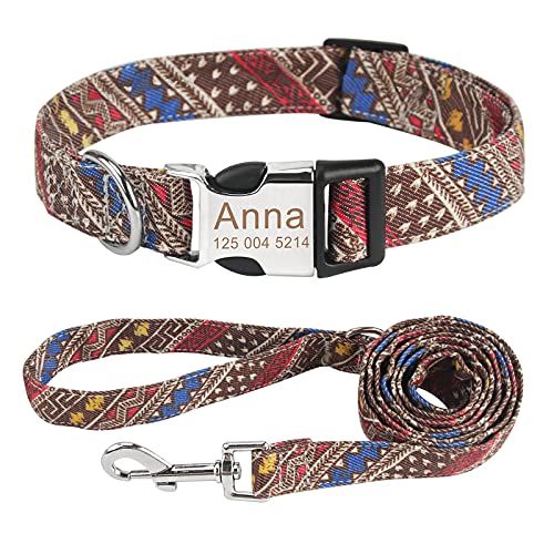 Personalisiert Hundehalsband und Leine Set, Frei graviertes Name und Telefonnummer Hunde Halsbänder, Verstellbares Retro Nylon Hunde Halsband für kleine mittlere große Hund(L,Kaffee-Set) von Cuperay