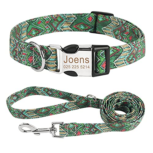 Personalisiert Hundehalsband und Leine Set, Frei graviertes Name und Telefonnummer Hunde Halsbänder, Verstellbares Retro Nylon Hunde Halsband für kleine mittlere große Hund(M,Grün-Set) von Cuperay