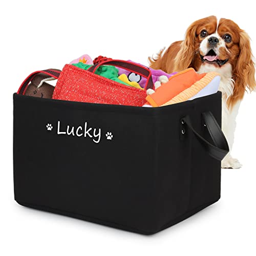 Personalisierte Hundespielzeug Aufbewahrungsbox mit Namen, Faltbar Aufbewahrungskorb mit Ledergriffen, Filz spielzeugkiste für die Organisation von Lebensmittel Kleidung und Haustierzubehör(Schwarz) von Cuperay