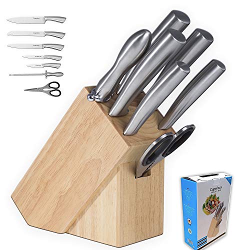 Messerblock Set , Messerset , Profi Kochmesser mit Präzisionsklingen , 7-teilig , Extra Scharf , rostfreier Edelstahl , ergonomische Griffe , inkl. Küchenschere und Wetzstahl Stange, Edler Holzblock von CUPERINOX