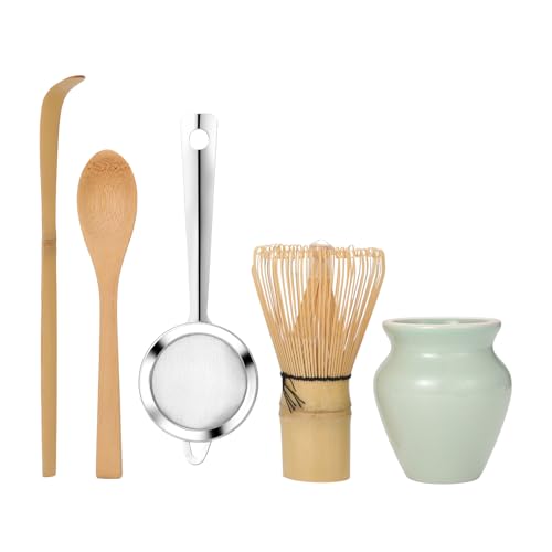 Cupimatch 5 Stück Matcha Set: Traditionelles Matcha-Tee Zeremoniegeschirr mit Bambusbesen (Chasen), Schale, Löffel, Sieb und Schaber, Nachhaltiges Matcha-Zubehör für Teeliebhaber von Cupimatch
