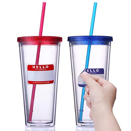 Cupture Klassischer, isolierter doppelwandiger Becher mit Deckel, wiederverwendbarer Strohhalm & Hello-Namensschilder, 680 ml, 2 Stück (rot/blau) von Cupture