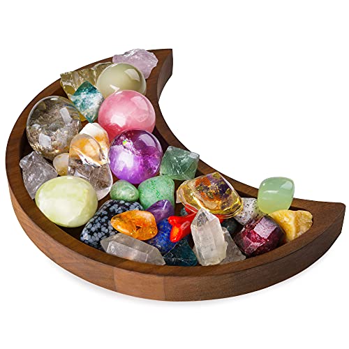 Mond Tablett Kristall Halter Für Steine - Präsentieren Sie Ihre Kristalle und Heilsteine - 25.4 x 12.7 cm Deko Kristalltablett Holzkiste Kristallregal Display - Crescent Moon Tray Crystal Holder von Curawood