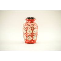 Bay Keramik Relief Vase - Hellrote Mit Weißem Blumen Muster von CurialVintage