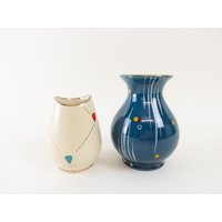 Paar Westdeutsche Keramik - Mini Creme Und Blaue Vasen Marzi Remy von CurialVintage