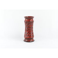 West German Pottery - Erhöhter Kreis Design Keramik Vase Rote Jasba Polka Dot Strukturierte von CurialVintage