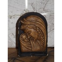 Christliche Signierte Gipsskulptur Marcel Vandemeulebroucke Ceracast - Jungfrau Maria Und Jesuskind Skulptur Holzimitat von CuriositesFrancaises