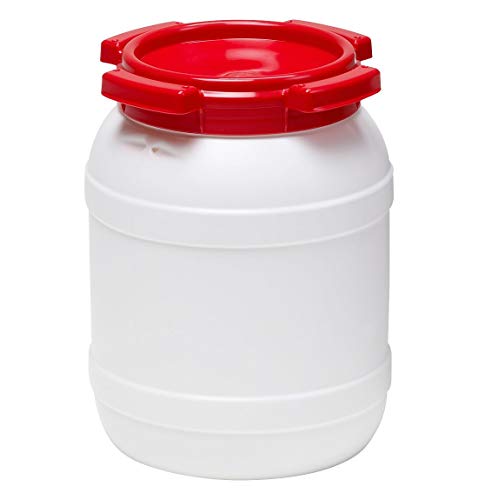 Curtec HDPE Weithalsfass, stapelbar, wasserdicht, temperaturformbeständig bis 80°C, mit rotem Schraubdeckel, Gummidichtung, naturweiß, 6 Liter von Curtec