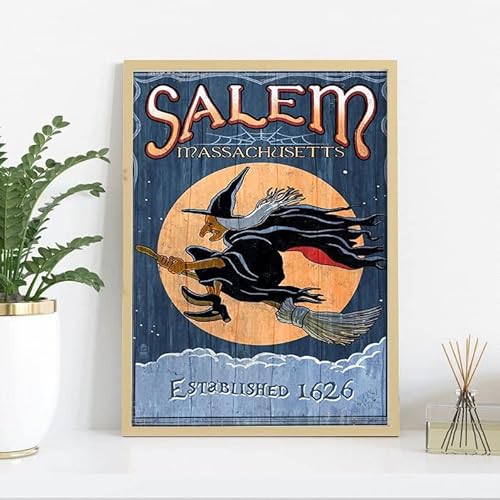 Curteny Metall-Blechschild im Vintage-Stil, Halloween-Hexen-Poster, Salem Massachusetts gegründet 1626, Hexerei-Wandkunst, Salem-Hexen-Leinwand, magischer Liebhaber, Poster, 14 x 20 cm von Curteny