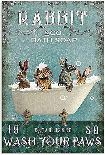 Metall-Blechschild mit Hasenbadeseife, "Wash Your Paws", Retro-Blechschild, Eisenmalerei, Barschild, Höhlendekoration, Café, Familie, Poster, Dekoration, 14 x 20 cm von Curteny