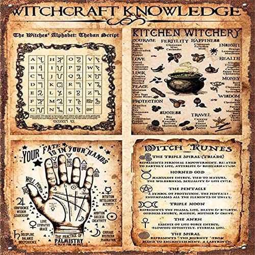Metallplakette Hexerei Wissen Metall-Blechschild Hexe Runen Symbol Guide Poster Infografik Zuhause Küche Club Bar Café Garage Wanddekoration Plakette Vintage Metall-Blechschild 30,5 x 30,5 cm von Curteny