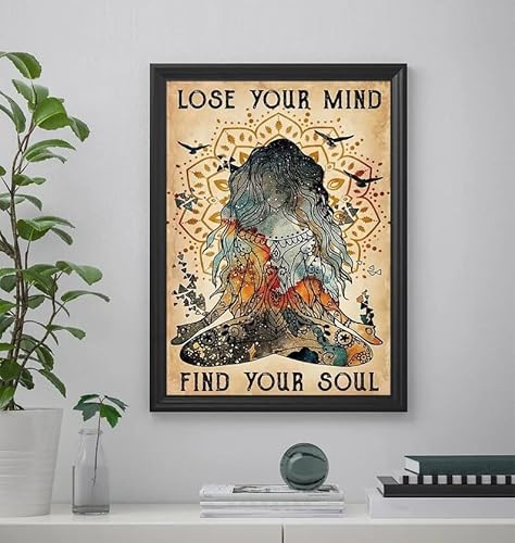 Vintage Metall-Blechschild Hippie Mädchen Lose Your Mind Find Your Soul Vintage Poster Hippie Soul Lose Your Mind Find Your Soul Gerahmte Leinwand Hippie Yoga Poster Wandposter Plakette 14 x 20 cm von Curteny