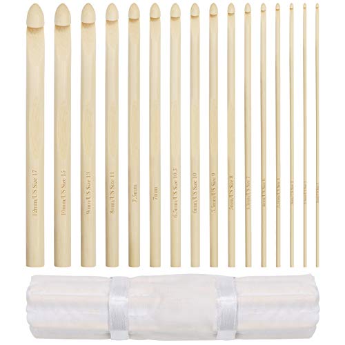 Curtzy Bambus Häkelnadeln Baumwoll Rolletui (16 Größen) - Häkelnadel Größe 15 cm - Größen 2 mm bis 12 mm - Bambus Häkelnadel Set für Häkelprojekte - Beginner und Anfänger Häkelnadeln Set von Curtzy