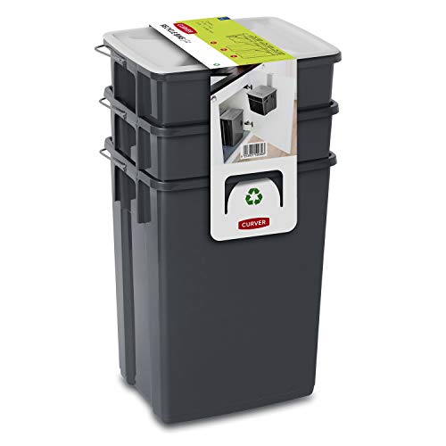 Curver Abfalleimer Set Abfalltrennungsset Mülleimer 2x10L + 6L Küchen-Mülleimer Mülleimer Mülltrennsystem Tragegriff Deckel inkl. Halterung von Curver