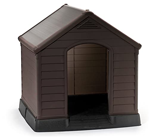 Curver Hundehütte für den Außenbereich aus Harz, für große und mittelgroße Hunde, erhöhter Boden, Belüftungssystem, 95 x 99 x 99 cm, Braun von Curver