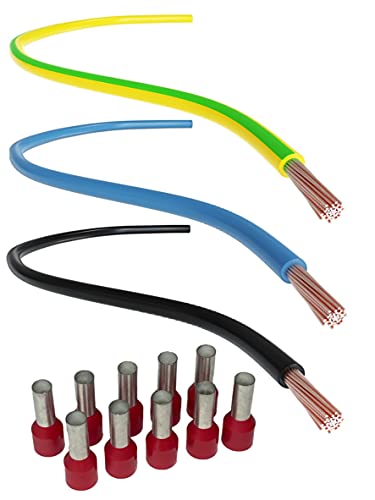 CusoTec Verdrahtungsleitung Set 10mm² Einzelader Aderleitung Verdrahtungsbrücken für Zählerplatz schwarz 3m - blau 1m - grüngelb 1m + 10 Aderendhülsen von CusoTec