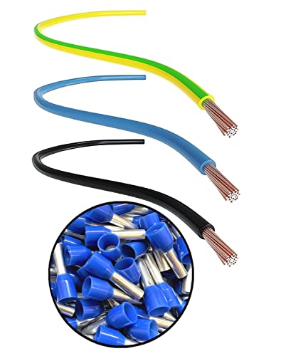 CusoTec Verdrahtungsleitung Set 2,5mm² 5m/5m/ 5m Einzelader Aderleitung Flexibel Sicherungskasten Verdrahtungsbrücken schwarz/blau/grüngelb 100 Aderendhülsen von CusoTec