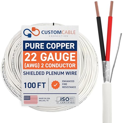 Custom Cable Connection 22 AWG 2-Leiter geschirmtes Plenum-Kabel, weiß, CL3P Ummantelung für Sicherheit/Alarm/Zugangskontrolle/Sound – 30 m Rolle in einer Tasche von Custom Cable Connection