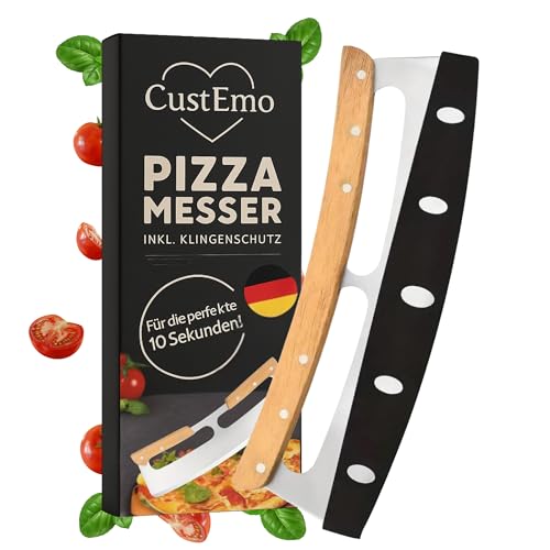 CustEmo® Pizzaschneider - Profi Pizzamesser (Pizza Cutter) effektiver als Pizzaroller | Premium Pizza Wiegemesser aus Edelstahl 35cm mit Holzgriff | Schnelles und gleichmäßiges Schneiden von CustomEmotions