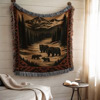 Bear Family Woven Blanket, Mountain Landscape Throw, Rustic Cabin Decor, Lodge Style Wildlife Art, Cozy Home Blanket | 134 von CustomGiftStudioND
