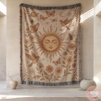Celestial Sun Woven Blanket, Butterfly & Bird Pillow, Cozy Home Decor, Throw, Made in Usa, Gift For Her, Personalized Blanket von CustomGiftStudioND