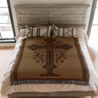 Christian Cross Woven Blanket, Religious Gift, Church Decor Throw, Catholic Spiritual Brown Blanket von CustomGiftStudioND