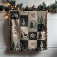 Deer Snowflake Christmas Tree Pattern Woven Blanket Custom Blanket, Rustic Holiday Tapestry Throw, Winter Decor Gift Made in Usa von CustomGiftStudioND