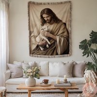 Jesus Christ Hold Lamb Woven Blanket Or Pillow, Orthodox Christian Icon Of Good Shepherd, Serbian Religious Gift, Sacred Decor Made in Usa von CustomGiftStudioND