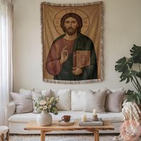 Jesus Christ Icon Woven Blanket, Religious Pillow, Eastern Orthodox Art, Christian Gift, Pantocrator Home Decor, Made in Usa Homedecor von CustomGiftStudioND