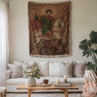 Saint George & The Dragon Orthodox Gift | Made in Usa Religious Pillow, Eastern Woven Blanket Gift, Slava, English von CustomGiftStudioND