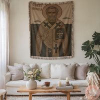 Saint Nicholas Orthodox Icon Blanket | Sveti Nikola Woven Pillow Slava Gift Idea Serbian Christian Decor, Greek Icons von CustomGiftStudioND