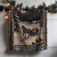 Winter Scene Christmas Woven Blanket, Sleigh Ride By Full Moon, Snow Cabin Throw, Cozy Holiday Gift, Nostalgic Family Blanket von CustomGiftStudioND