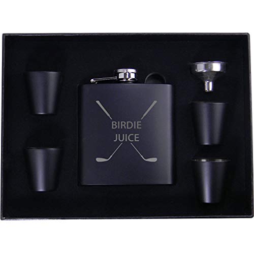 Birdie Saftflasche, Trichter, Schnapsgläser und Geschenk-Box – Golfing Birdie Juice Hip Edelstahl Metall matt 170 ml Golftaschenflasche (schwarz) von CustomGiftsNow