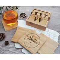 Graviert Untersetzer Set Hochzeitsgeschenke | Personalisierte Bambus Quadrat Monogramm Mit Box Housewarming Geschenke Valentinstag von CustomHappinessShop