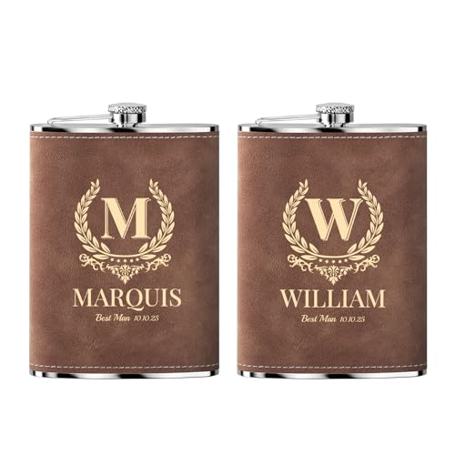 2 Stück 8oz Personalisierter Flachmann Edelstahl Trauzeugen Flachmann mit Gravur Geschenkidee für Hochzeit und Männer, Braun von Customaster