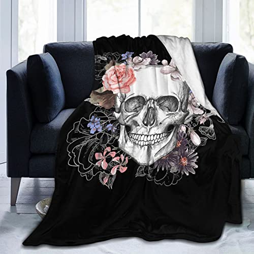 CustomprosPT Totenkopf Decke Fleecedecke Blume und Skelett Geschenk Damen Männer Mädchen Jungen Vier Jahreszeiten Super Weich und bequem Plüschdecke Sofa Schlafsofa Büro 100x130cm von CustomprosPT