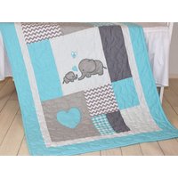 Aqua Grau Decke, Elefant Quilt Chevron Baby Patchwork Decke von Customquiltsbyeva