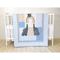 Baby Blau Decke, Elefant Und Regenbogen Krippe Grau Blau Bettwäsche, Kleinkind Patchwork Kontrollensindaufder von Customquiltsbyeva