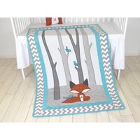 Fuchs-Decke, Petrol/Chevron Grau Kinderzimmer, Baby Boy Quilt, Wald Kinderbett Bettwäsche, Wald-Decke, Maßgeschneiderte von Customquiltsbyeva