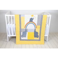 Gelb-Grau-Baby-Decke, Elefant Und Regenbogen Krippe Decke, Junge Bettwäsche, Kleinkind Patchwork Kontrollensindaufder von Customquiltsbyeva