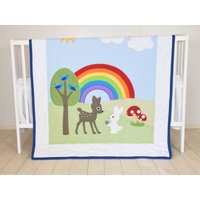 Regenbogen-Baby-Decke, Baby Junge Oder Mädchen Kinderbett Bettwäsche, Krippe Wald Kindergarten Quilt, Junge Hasen, Reh Decke von Customquiltsbyeva