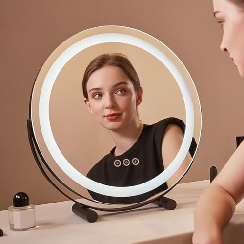 CuteHairy Kosmetikspiegel mit Beleuchtung, Smart Touch Control, 3 Farben, dimmbarer Spiegel, 360° drehbar, 11,8 Zoll runder Spiegel mit stabiler Basis, beleuchteter Schminkspiegel Champagner Gold von CuteHairy