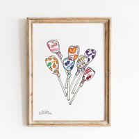 Dum Lollipop Candy Wand Kunst Illustration, Druck, Küche Dekor, Skurril Süße Wohnzimmer Dekoration, Vintage Wohnheim von CuteSalutePrints