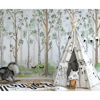 Aquarell Wald Bäume Wallpaper Schälen Und Stick Kinder-Tapete von CuteTinyTr