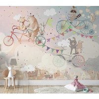 Bär Und Fuchs Auf Fahrrad Kinderzimmer Tapete Peel & Stick Safari Tiere von CuteTinyTr