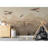 Vintage Flugzeuge Und Nebel Wald Tapete Kinderzimmer Junge Babyzimmer Wandbild von CuteTinyTr
