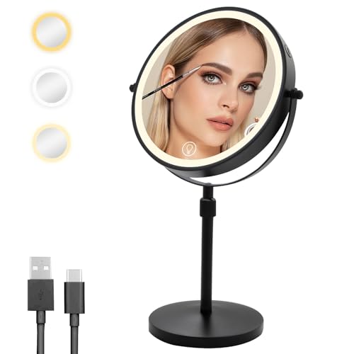 Cuteefun 8" Kosmetikspiegel mit Licht, 1X/10X Vergrößerungsspiegel auf Ständer, Einstellbare Höhe & Helligkeit, 360° Drehung, Wiederaufladbarer Doppelseitiger Beleuchteter Schminkspiegel, Schwarz von Cuteefun