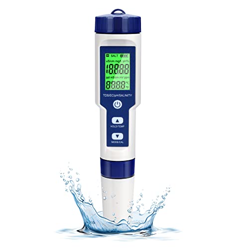 Cuteefun Digitales PH Messgerät, 5-in-1 Wassertester Mit Hintergrundbeleuchtung, PH/TDS/EC/Salzgehalt/Temp Meter Mit ATC, 0.01 Auflösung, Hochpräziser Stifttyp Tester, für Trinkwasser, Aquarium, Spas von Cuteefun