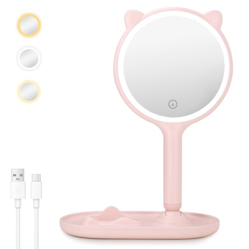 Cuteefun Kosmetikspiegel mit Beleuchtung, 1X/5X Doppelseitiger VergrößErungsspiegel, Tischspiegel und Handspiegel, 3 Farben Dimmbar, Aufladbar LED Schminkspiegel für Schlafzimmer, Schminktisch, Rosa von Cuteefun